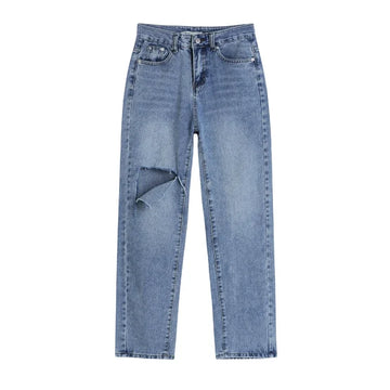 MQTIME  -  New Summer Women High Waist Straight Jeans Street Style Casual Ripped Hole Jeans Female Blue Washed Loose Pop Denim Pants
